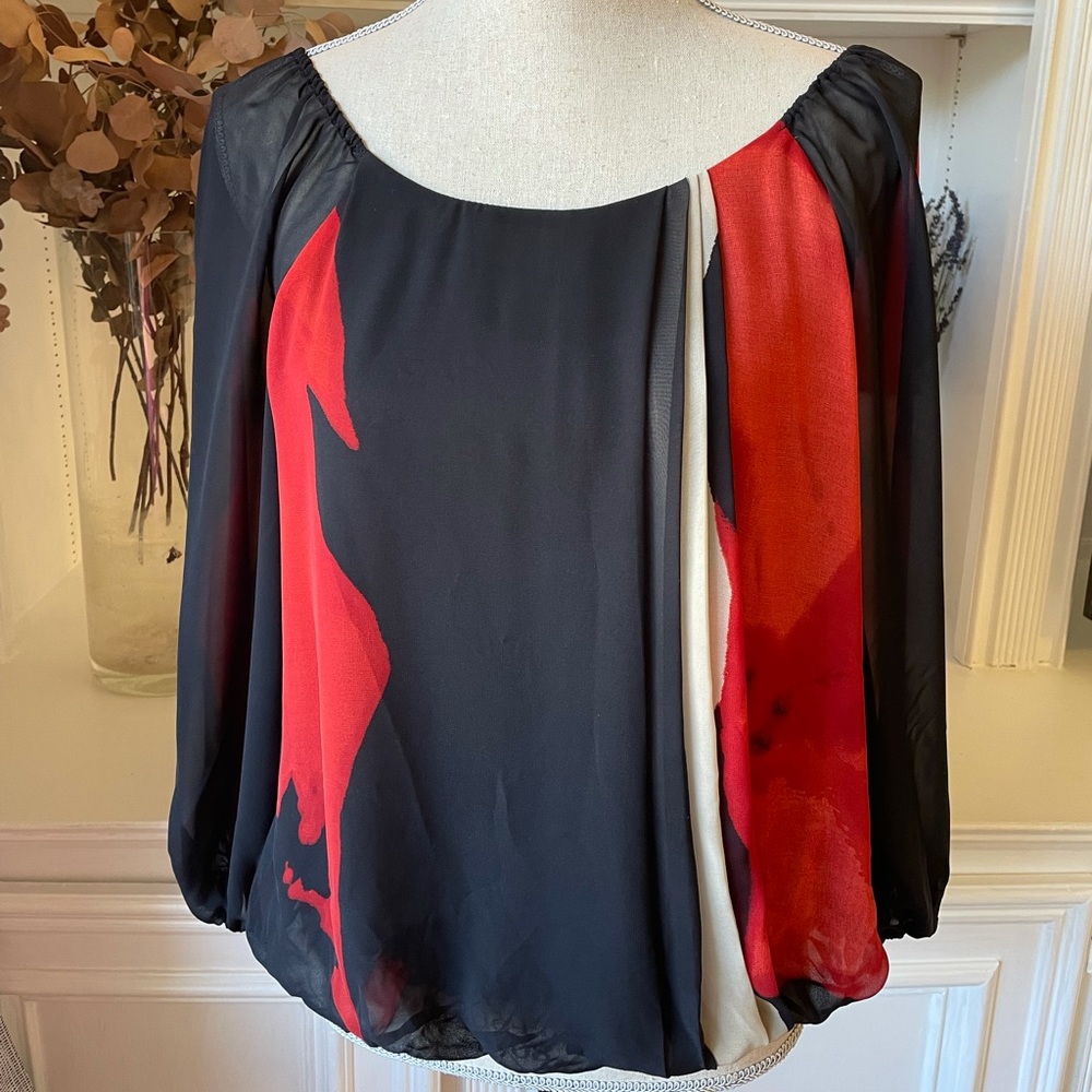 Vince Camuto Red/Black Long Sleeves Relax-Fit Boat Neck Blouse XS